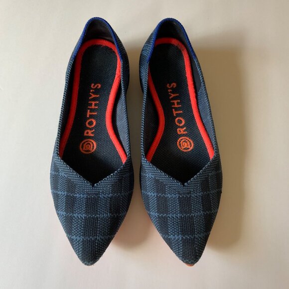 Rothy’s The Point Indigo Blue Plaid Gingham Flats Size 5 Washable - Picture 1 of 9